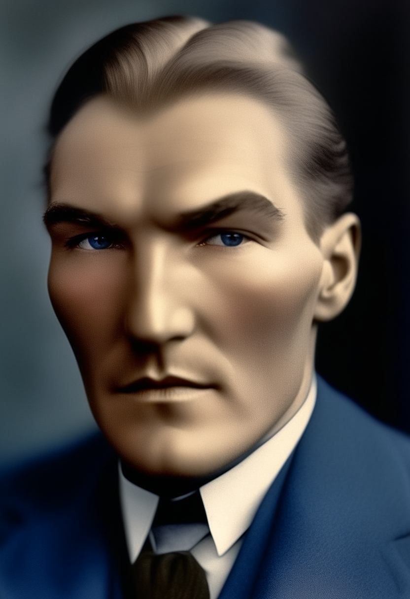 A portrait of Mustafa Kemal Atatürk at age 27. He has wavy blond hair, piercing blue eyes, a bulbous nose, thick bushy eyebrows, small lips and fuller cheeks. His expression is thoughtful and introspective.