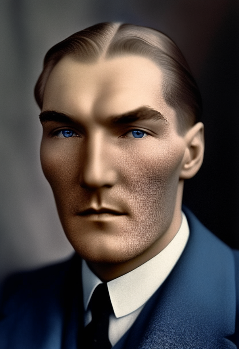 A portrait of Mustafa Kemal Atatürk at age 27. He has wavy blond hair, piercing blue eyes, a noticeably larger nose, and a smaller head size. His expression remains thoughtful and introspective.