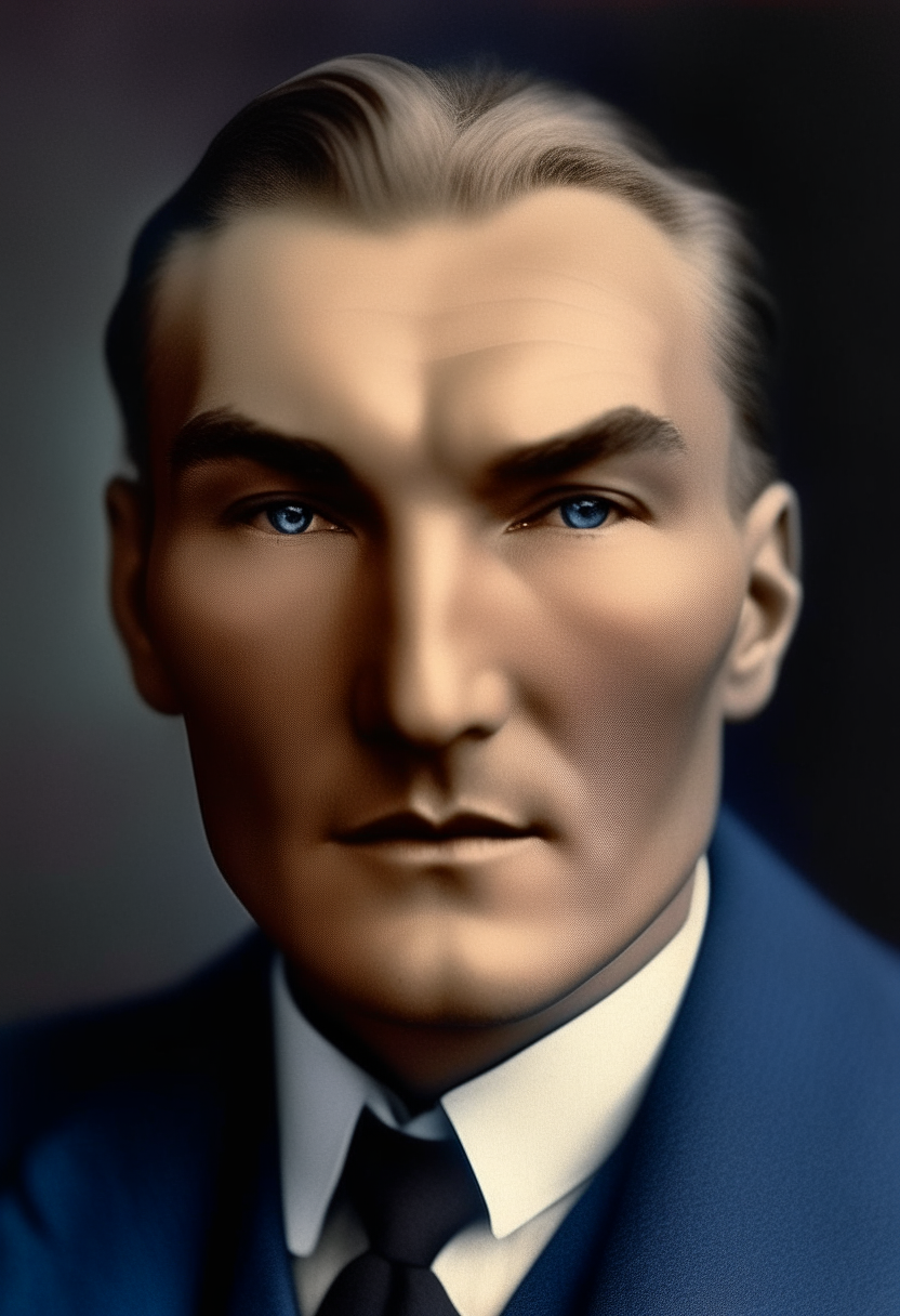 A portrait of Mustafa Kemal Atatürk at age 27. He has wavy blond hair, piercing blue eyes, a bulbous nose, thick bushy eyebrows, small lips, a small round head. His expression is thoughtful and introspective.