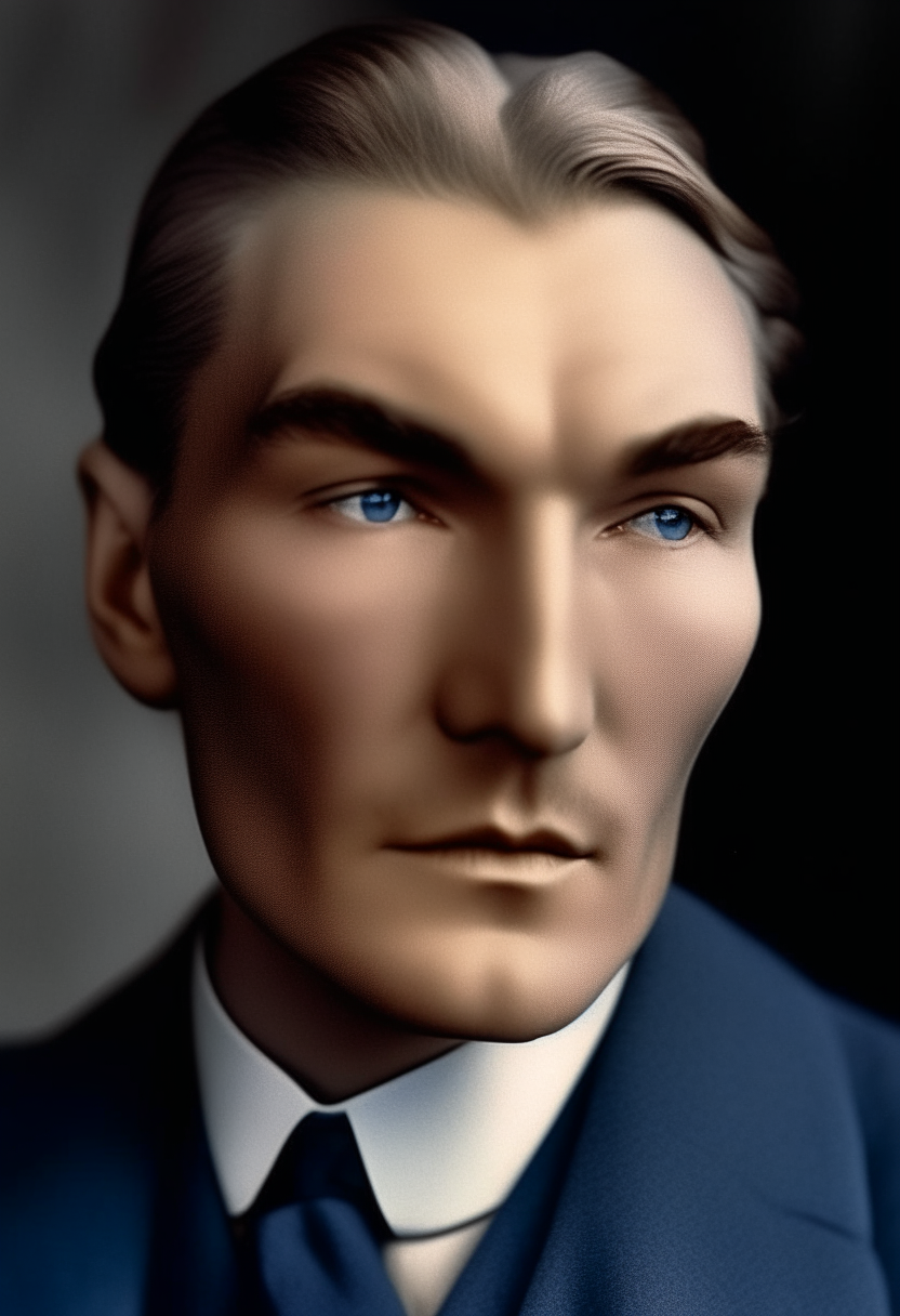 A portrait of Mustafa Kemal Atatürk at age 27. He has wavy blond hair, piercing blue eyes, a bulbous nose, thick bushy eyebrows, small lips, and almond-shaped large eyes. His expression remains thoughtful and introspective.