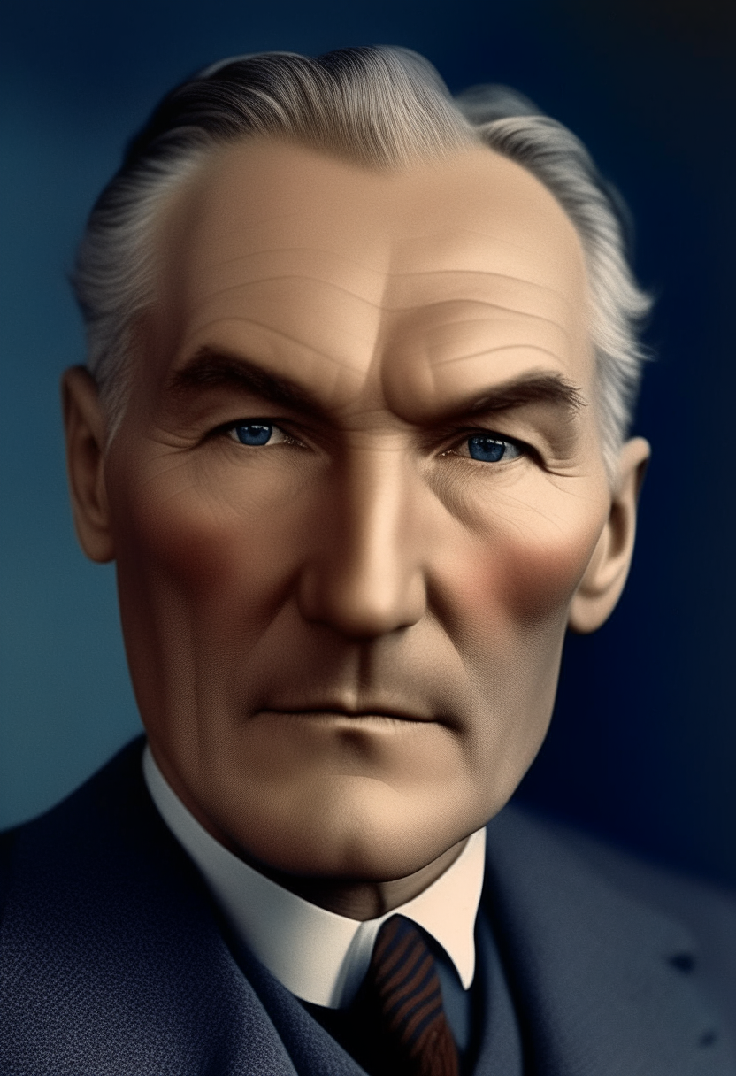 A portrait of Mustafa Kemal Atatürk at age 40. He has wavy blond hair, piercing blue eyes, a noticeably large bulbous nose, thick bushy eyebrows, small lips, and his expression remains thoughtful.