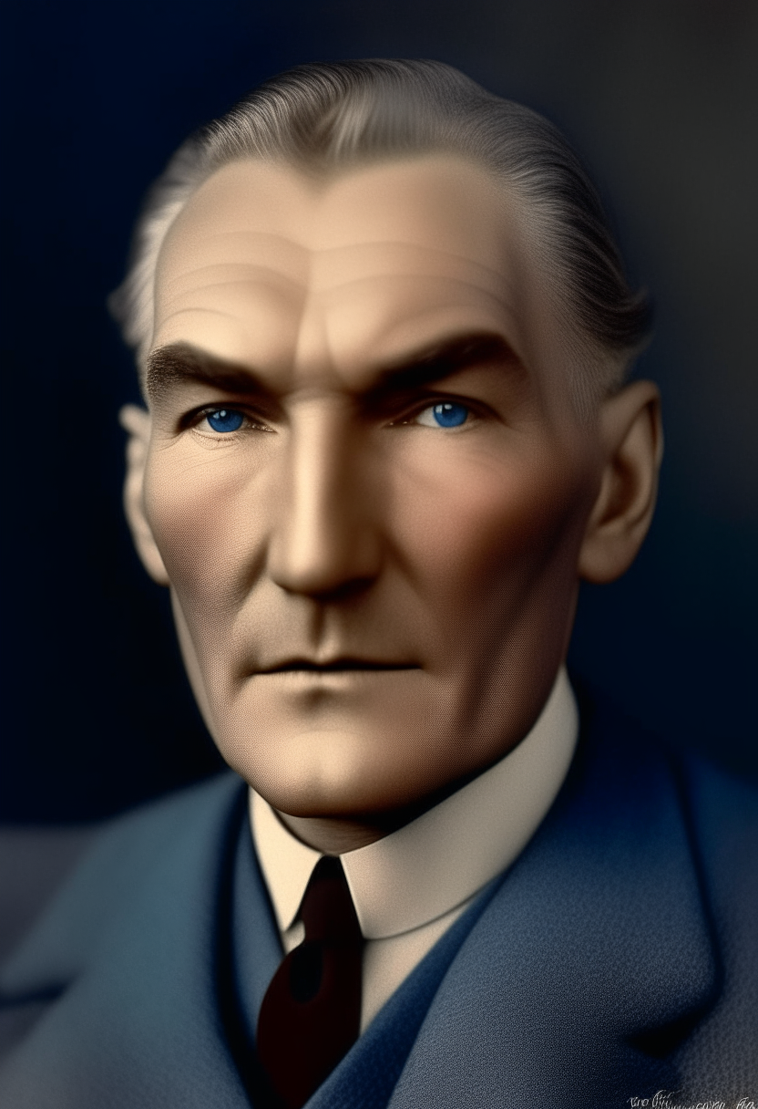 A portrait of Mustafa Kemal Atatürk at age 30. He has wavy blond hair, piercing blue eyes, a bulbous nose, thick bushy eyebrows, small lips, a small head and his expression remains thoughtful.