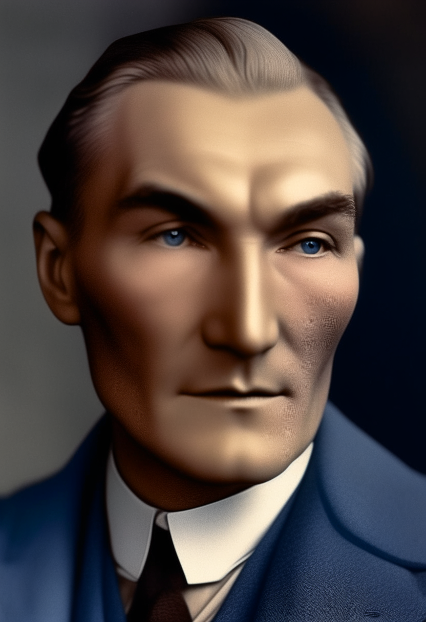 A portrait of Mustafa Kemal Atatürk at age 27. He has wavy blond hair, piercing blue eyes, a large bulbous nose, thick bushy eyebrows, small lips, almond-shaped large eyes, a small round head, and his expression is thoughtful and introspective.