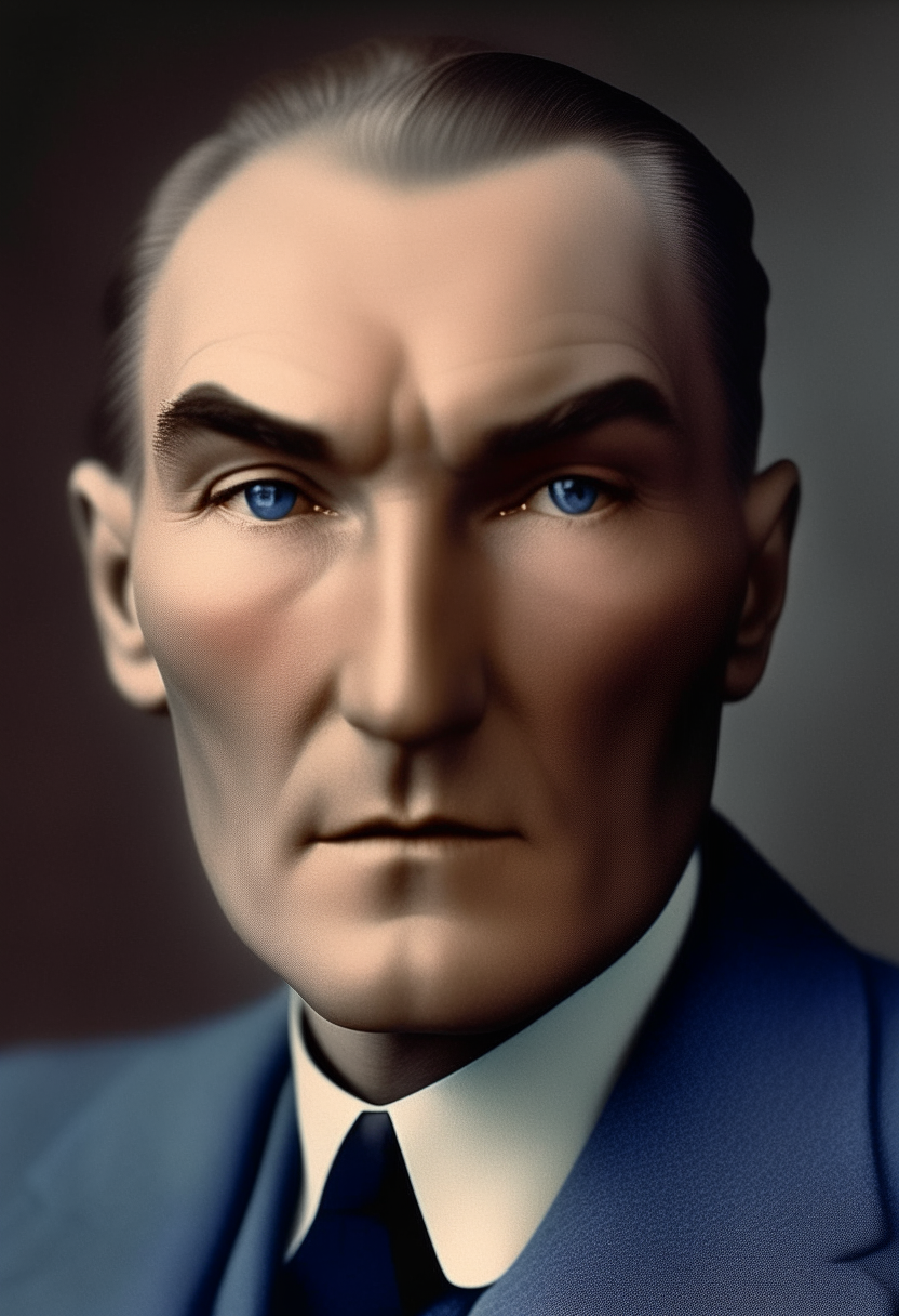 A portrait of Mustafa Kemal Atatürk at age 27. He has wavy light brown hair, piercing blue eyes, a large bulbous nose, thick bushy eyebrows, small lips, almond-shaped large eyes, a small round head, and his expression is thoughtful and introspective.