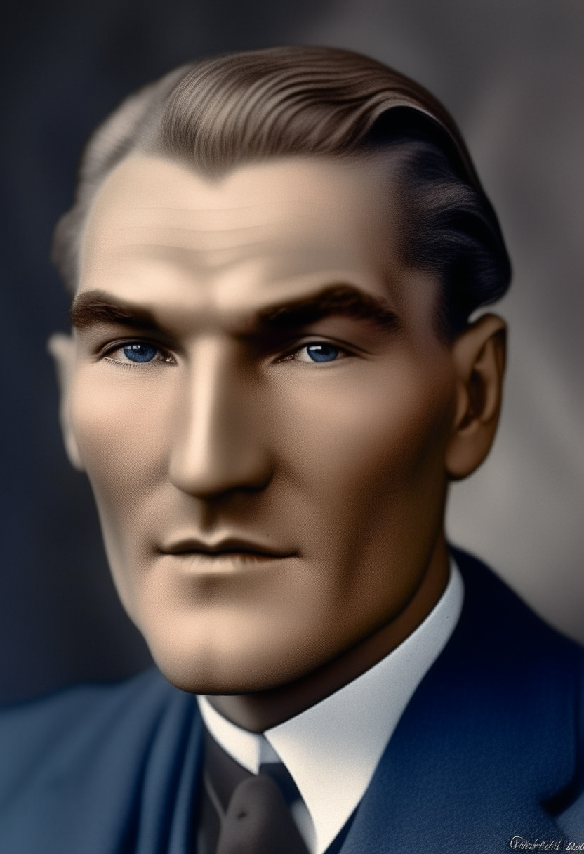 A portrait of Mustafa Kemal Atatürk at age 27. He has wavy blond hair, piercing blue eyes, detailed facial features including a large bulbous nose, thick bushy eyebrows and smile lines. His expression is thoughtful yet youthful.