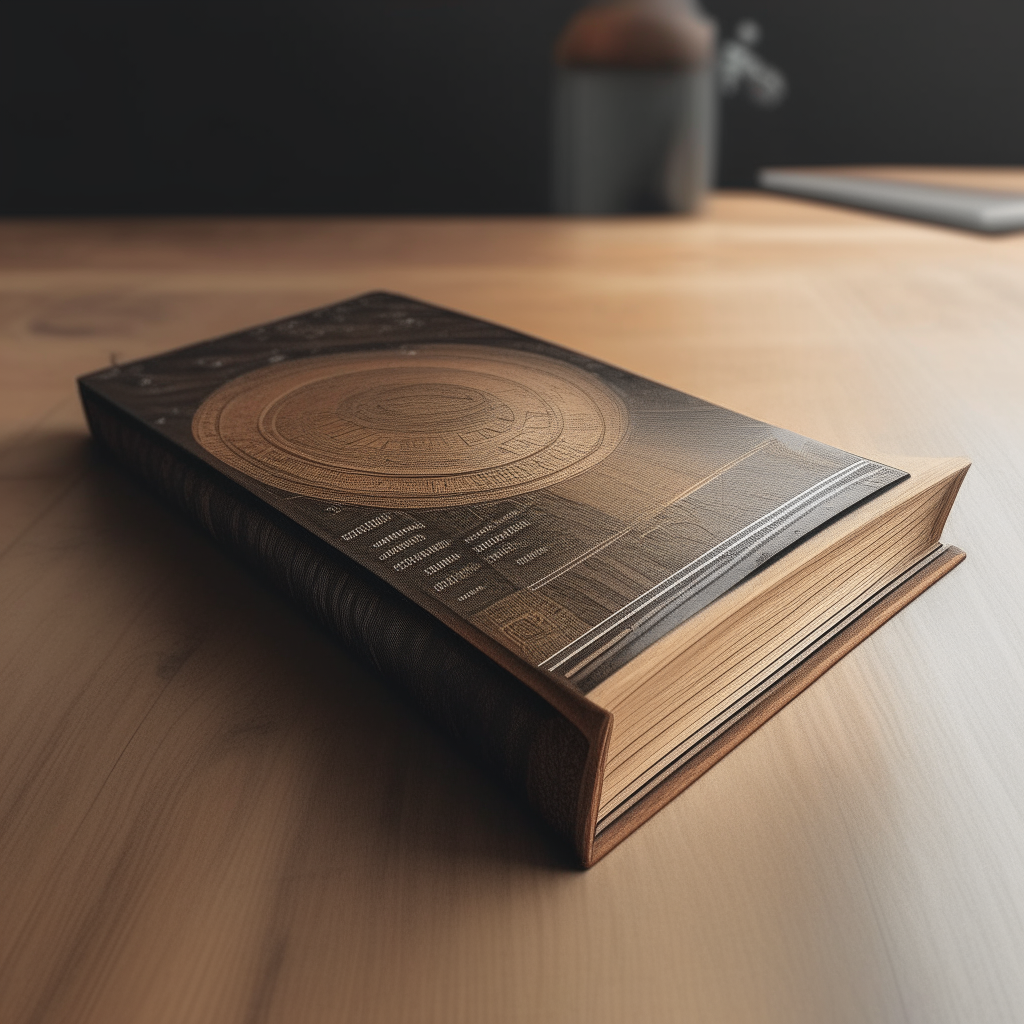 A three-quarter perspective of the same book lying on a wooden table, showing the cover design in more detail