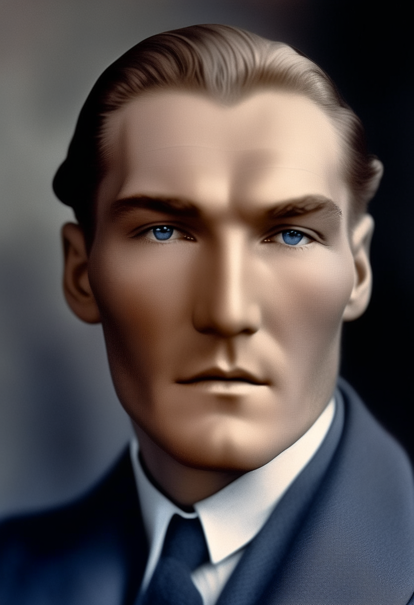 A portrait of Mustafa Kemal Atatürk at age 27. He has wavy blond hair, piercing blue eyes, prominent cheekbones and a strong jawline. His expression is thoughtful and introspective.