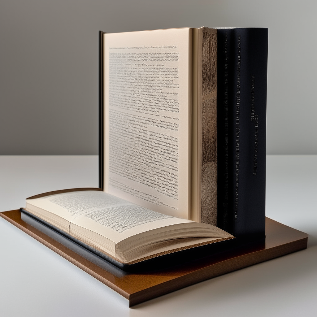 A book stand holding an open soft cover book, showing the title page clearly