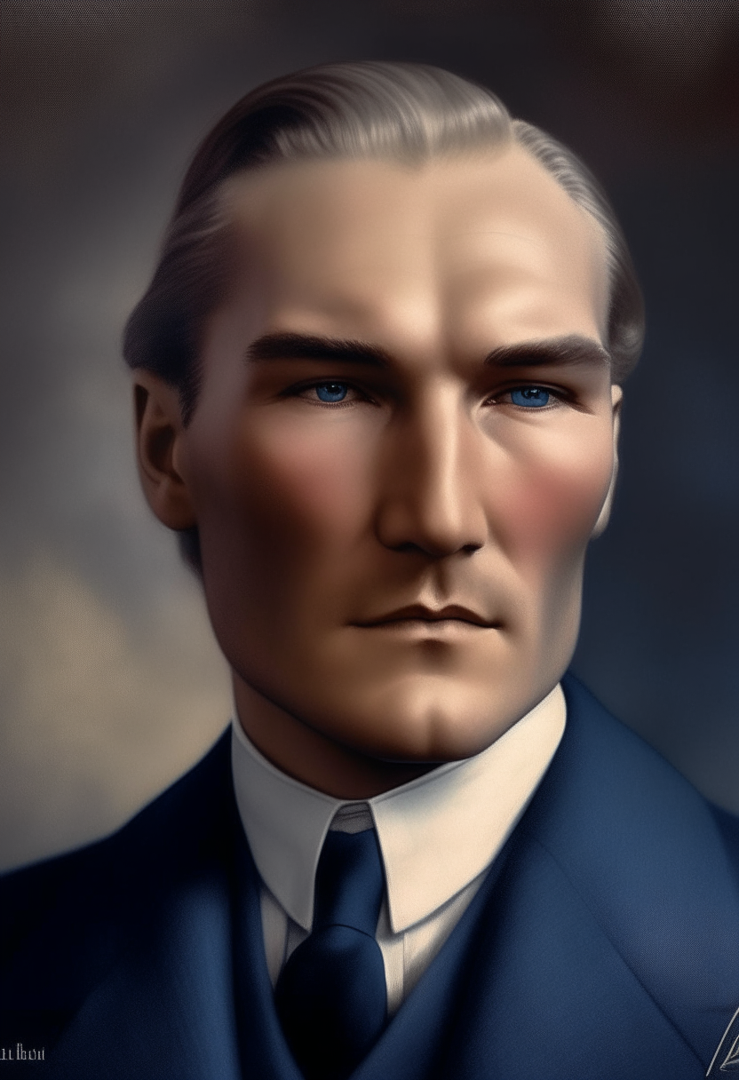 A portrait of Mustafa Kemal Atatürk at age 27. He has wavy blond hair, piercing blue eyes, prominent features and a thoughtful expression. The proportions are realistic and balanced.