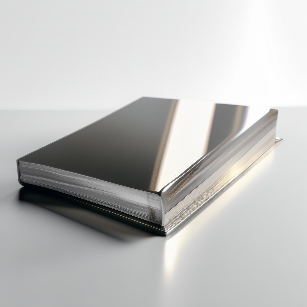 A hardcover book with a sleek metallic design on a white backdrop