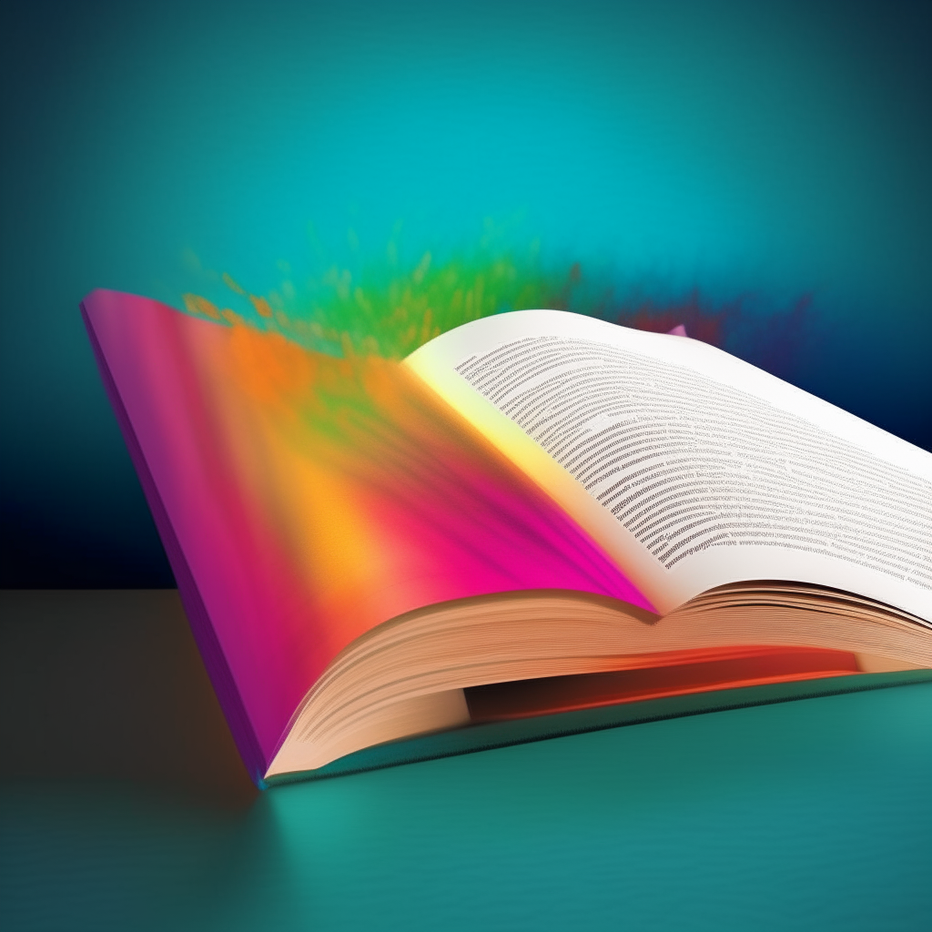 An open paperback book showing colorful page edges against an abstract digital background