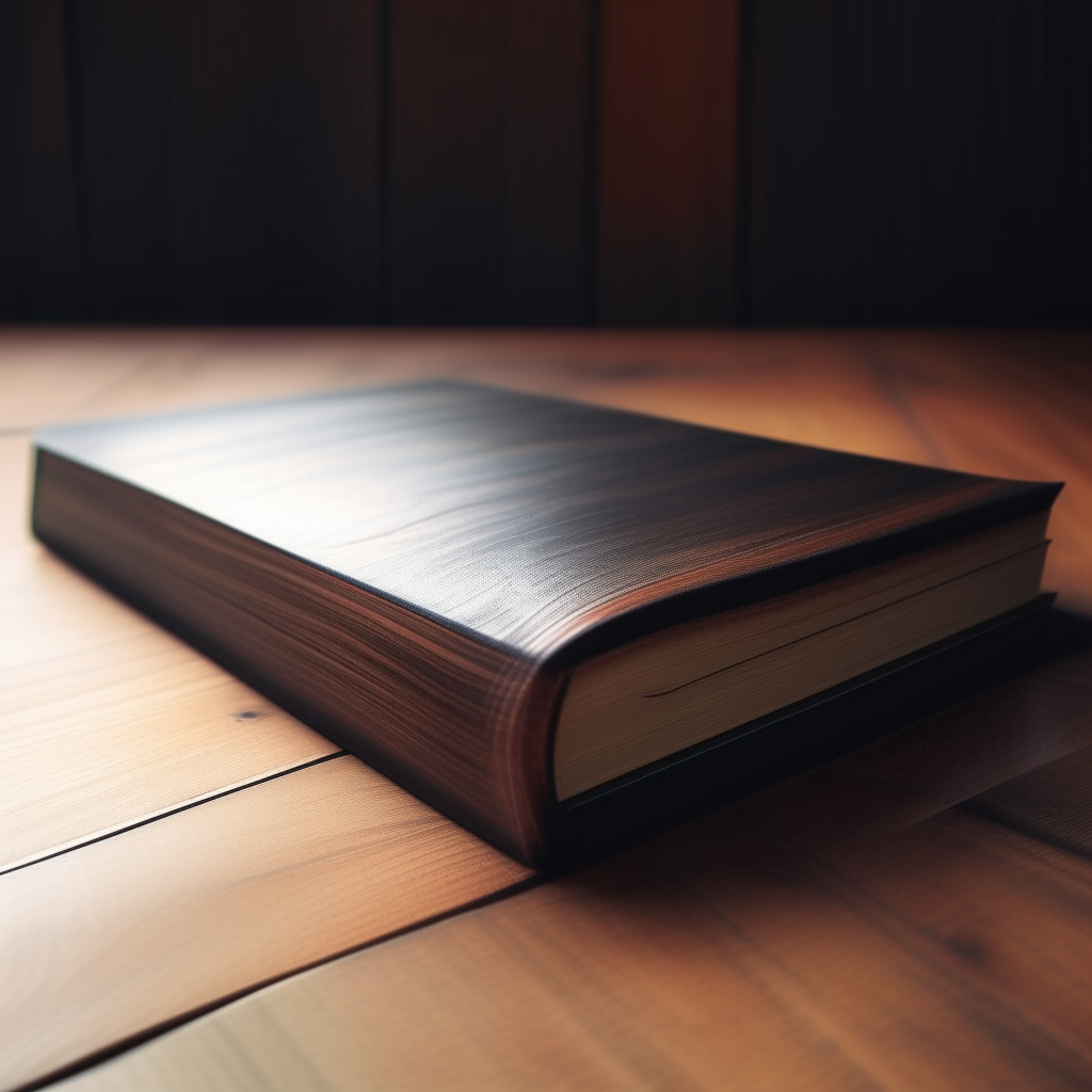 A hardcover book resting at an angle against a wooden surface, cover design clearly visible