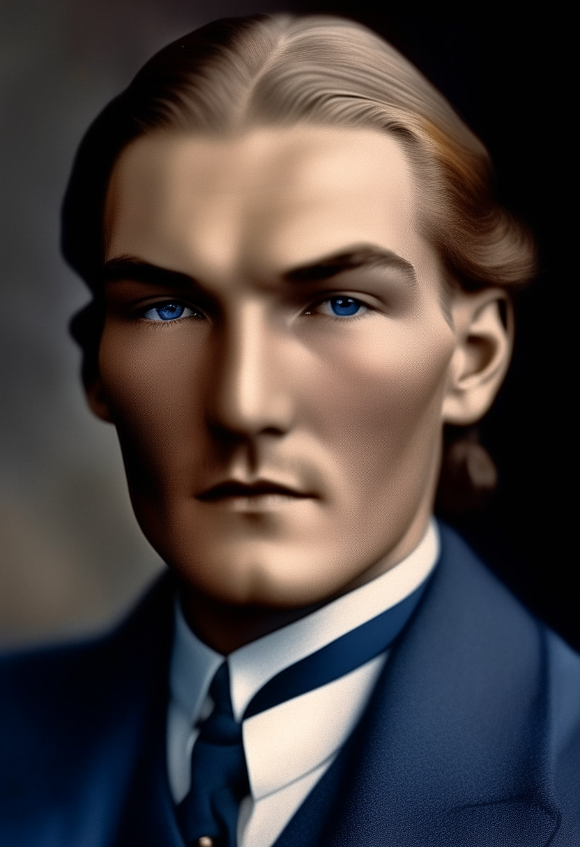 A portrait of Mustafa Kemal Atatürk at age 27. He has wavy blond hair, piercing blue eyes and a thoughtful expression.