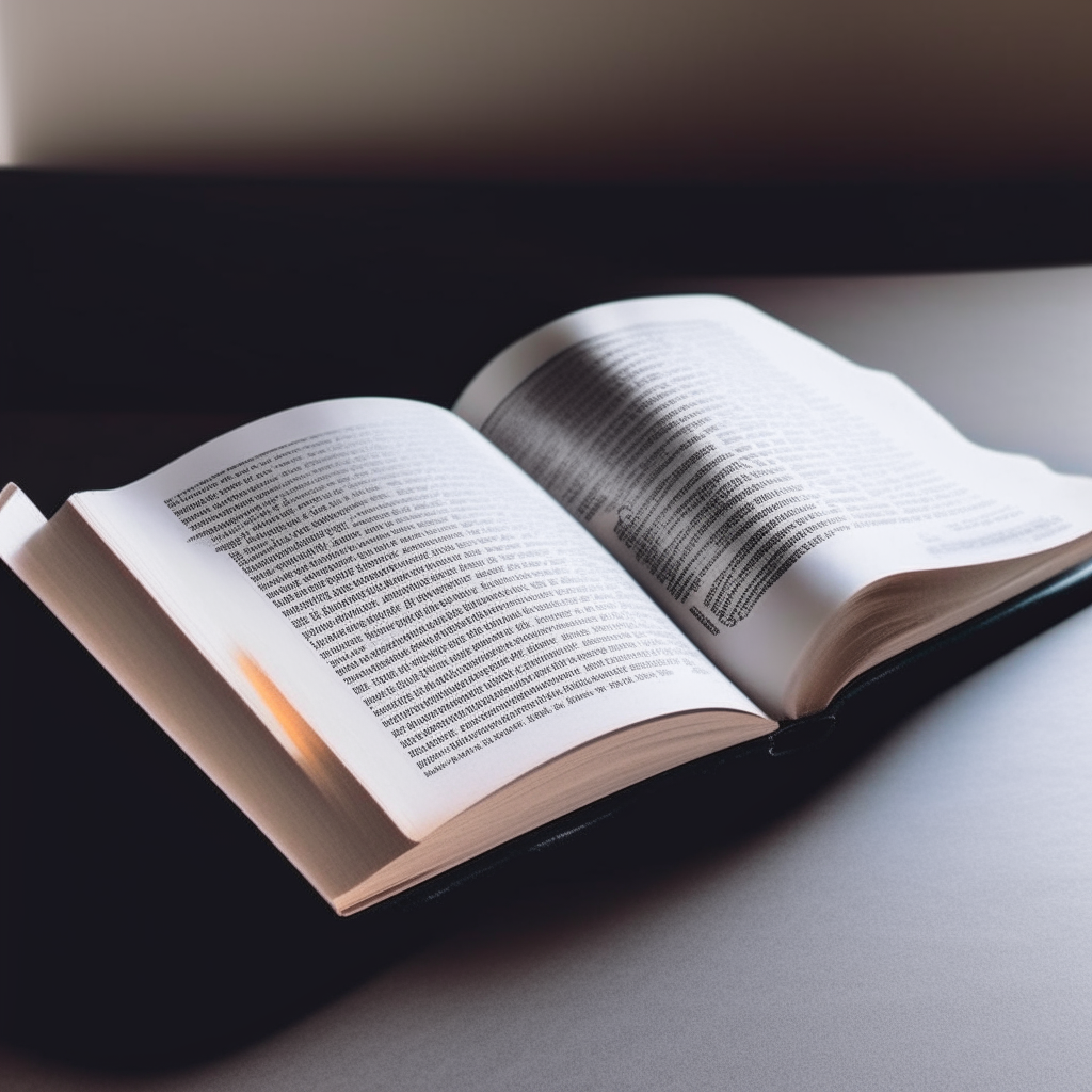 A paperback book open to a random page, propped against another book at an angle