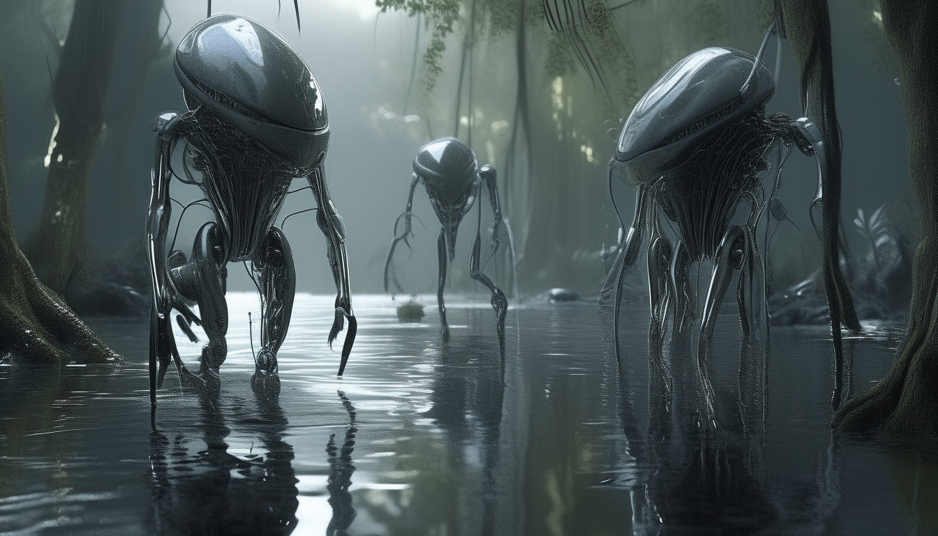 cyborgs made from silver chrome walking through a strange alien swamp with biomechanical living tentacles emerging from the reflective waters, 16:9 aspect ratio with a high level of intricate details and 4K quality, in a dark sci-fi fantasy style