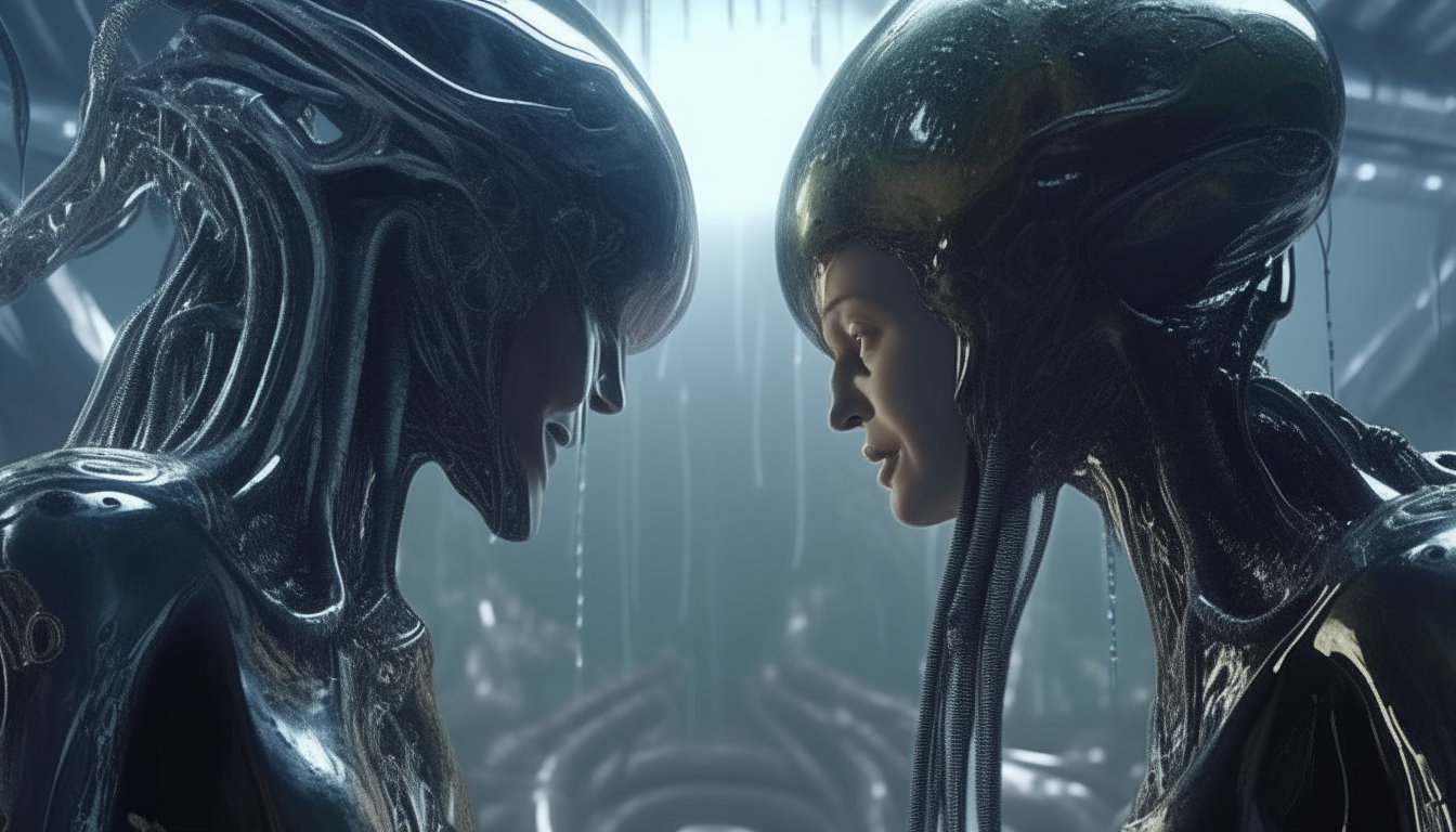 a beautiful chrome cyborg and an alien cyborg looking at each other in a strange alien landscape with water dripping from tentacles overhead, dark sci-fi fantasy style, highly detailed, 4k quality