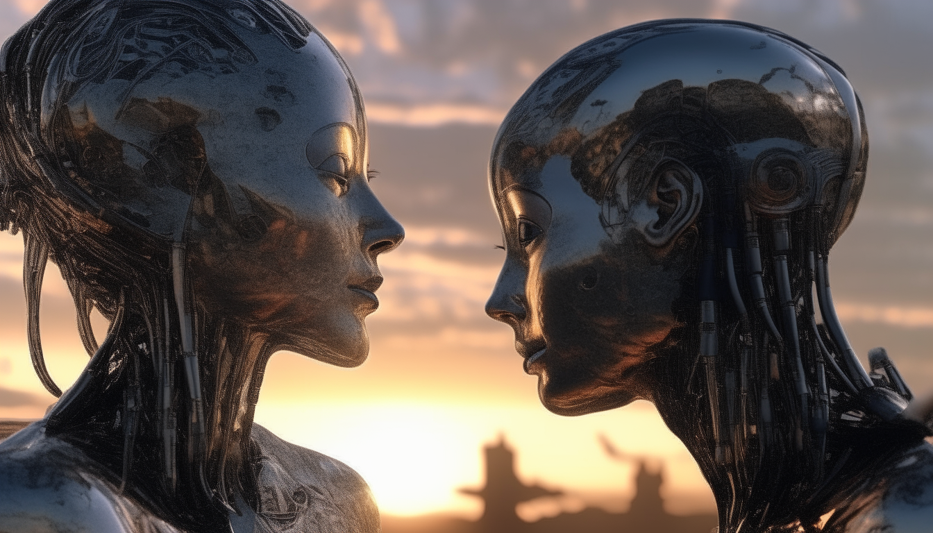 A beautiful silver chrome cyborg and an alien cyborg looking at each other with water dripping down from a cosmic sky during sunset, very intricate details, 4k quality, dark sci-fi fantasy style portrait orientation