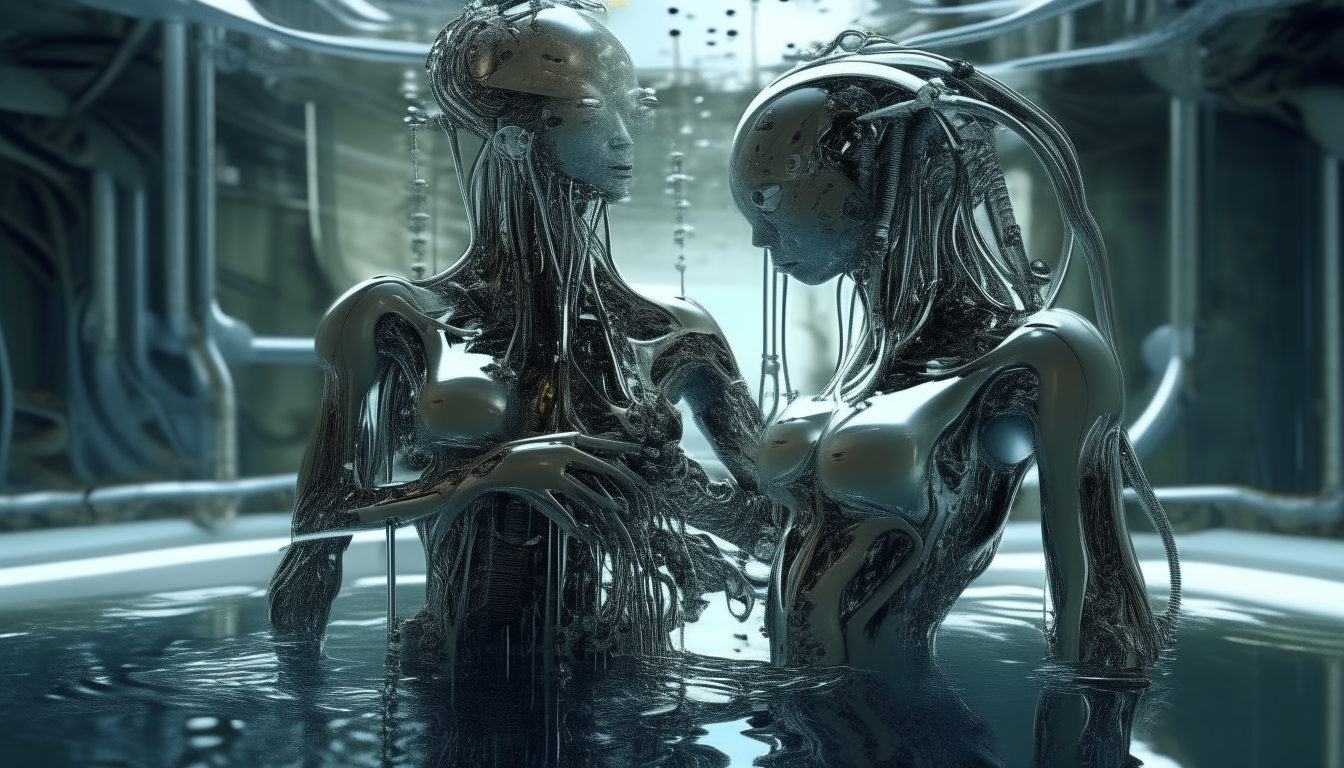 a beautiful silver chrome cyborg and an alien cyborg fused together with biomechanical wires and robotic tentacles, with water dripping from the reflective pool in the alien swamplands