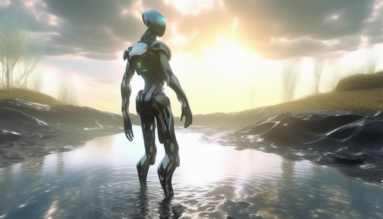 a beautiful chrome cyborg walking through a stream of alien liquids on a strange swamp landscape, with sunbeams shining through the clouds above