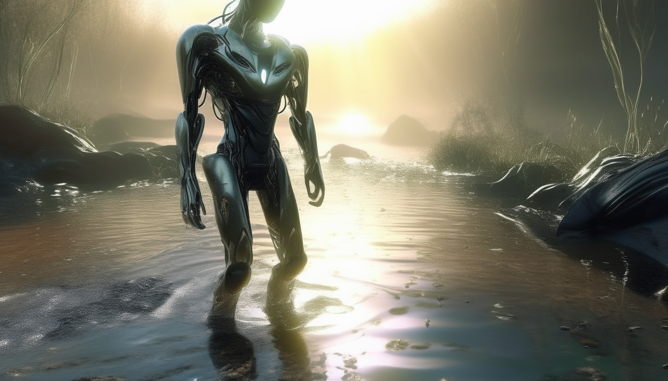 a beautiful chrome cyborg walking through a stream of alien liquids on a strange alien swamp landscape, sunbeams shining through a dim murky atmosphere