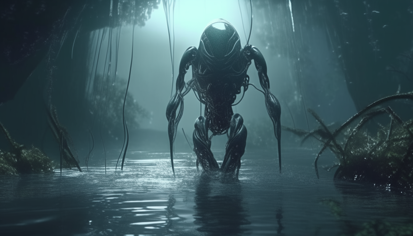 a beautiful silver chrome cyborg hovering above the alien swamp waters with water dribbling from above and tentacles emerging from the pool, moody atmosphere, highest level of intricate details, 4k quality, dark sci-fi fantasy style