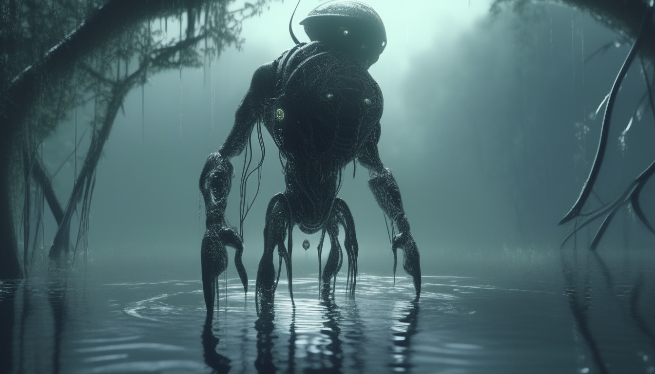 A beautiful silver chrome cyborg with intricate details hovering above an alien swamp, water dripping down into the swamp which has tentacles emerging, very moody atmosphere, extremely detailed 4k image, dark sci-fi fantasy style