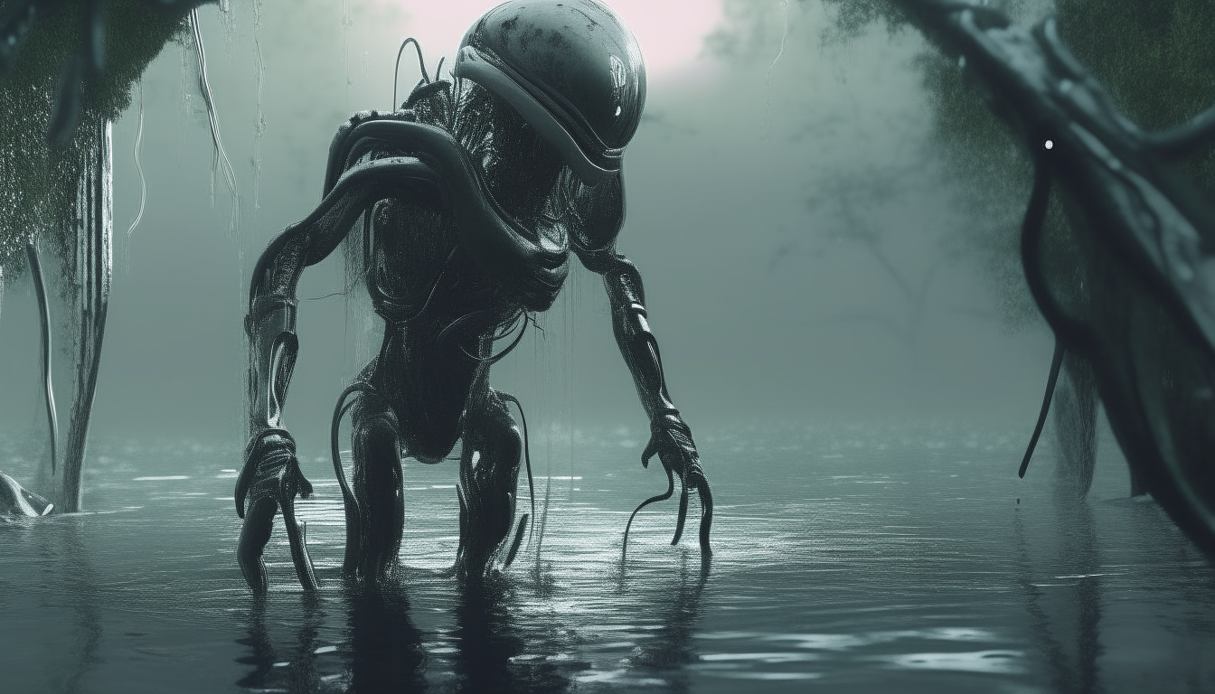 A beautifully detailed silver chrome cyborg hovering over an alien swamp, water dripping down into the swamp which has tentacles emerging, 16:9 aspect ratio, extremely detailed 4k image, dark sci-fi fantasy style