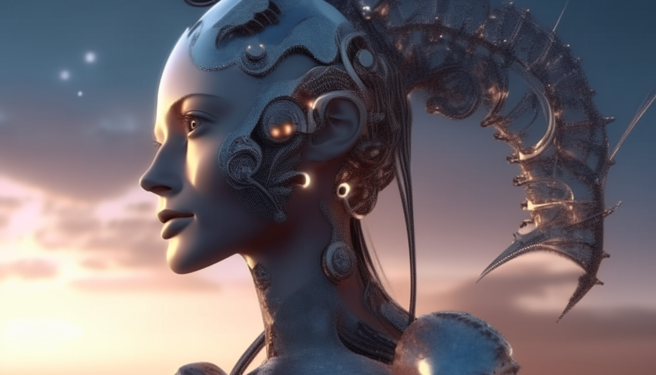 a beautiful cyborg woman with biomechanical silver chrome seahorses floating around her head, with a cosmic sky full of falling stars above her during sunset, very intricate details, photorealistic 4K quality rendering, dark science fiction fantasy style