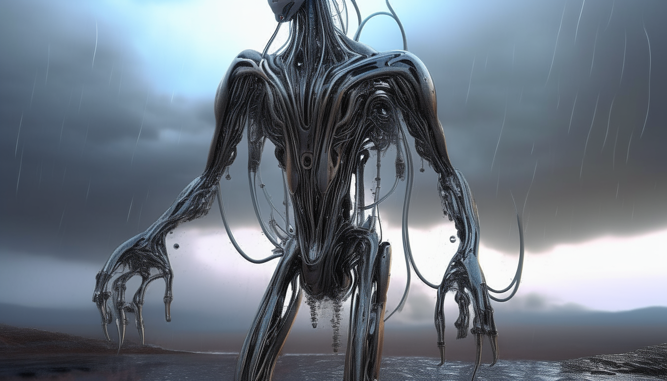 a beautiful chrome cyborg standing up on an alien landscape made from biomechanical tentacles and hovering plasma spheres pulsating with electric energy and dripping with water, stretching into the distance, extremely detailed, dark sci-fi fantasy style