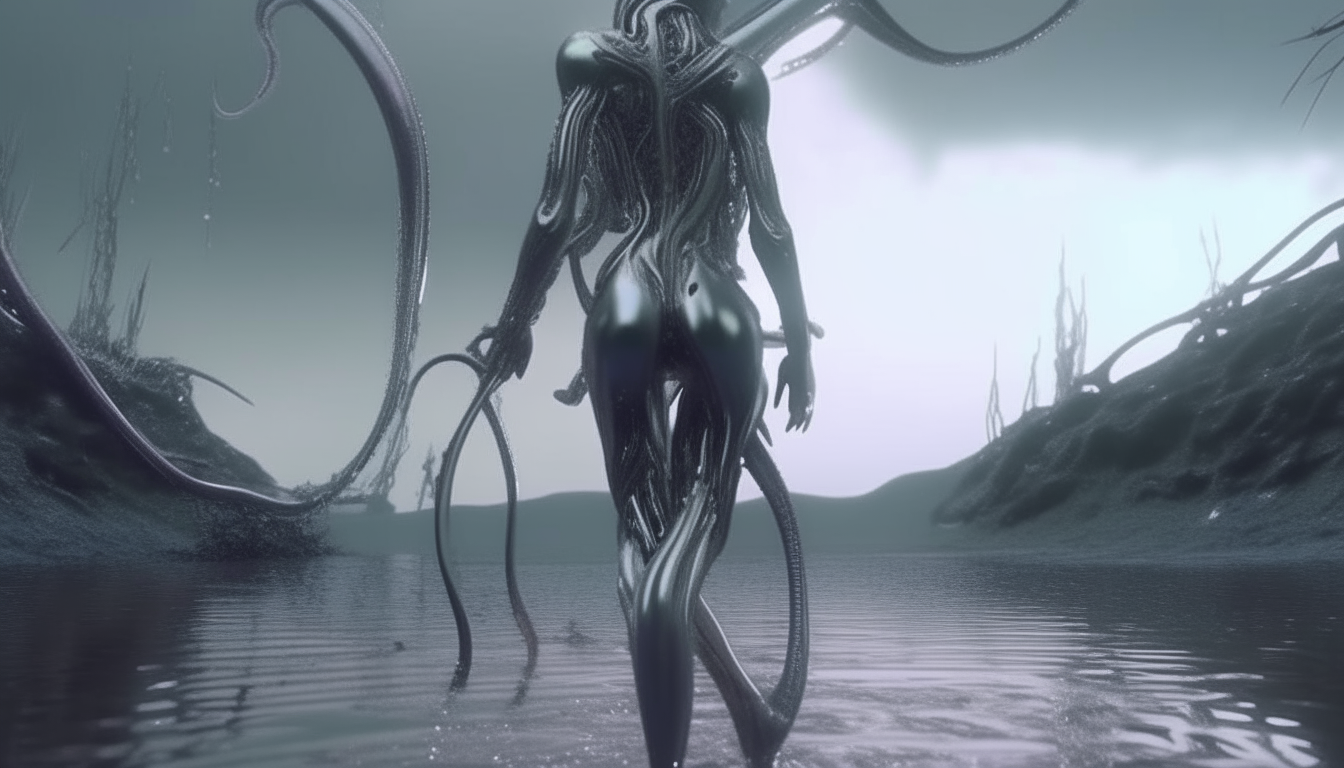 a silver chrome cyborg goddess walking along an alien landscape made of waving tentacles with water dripping from above, extremely detailed, dark sci-fi fantasy style, 4k quality