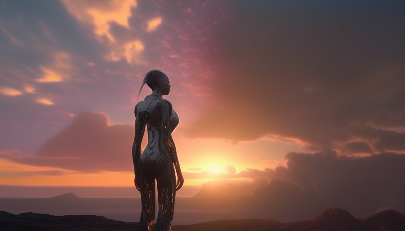 a beautiful cyborg woman standing on a strange alien landscape stretching into the distance with a sunset sky above, dark sci-fi fantasy style, highly detailed, 4k quality