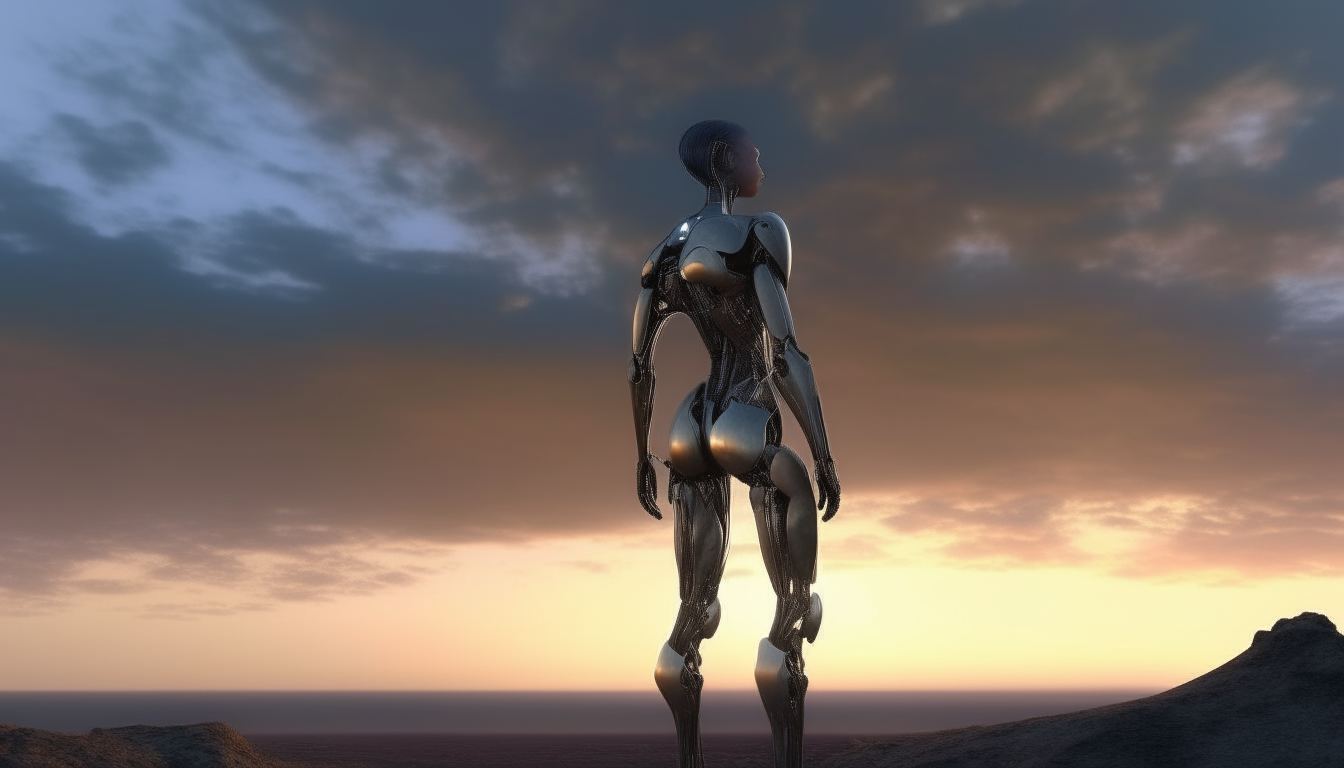 a beautiful silver chrome cyborg woman standing on a strange alien landscape stretching into the distance with a sunset sky above, dark sci-fi fantasy style, highly detailed, 4k quality