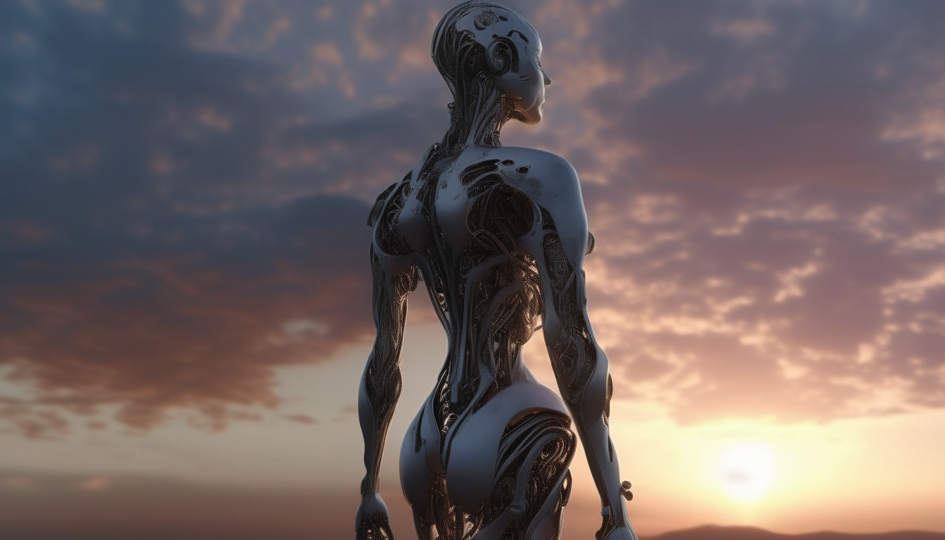 a beautiful silver chrome cyborg woman standing on the surface of a strange alien biomechanical fleshy floral landscape stretching into the distance with the sunsetting sky above, dark sci-fi fantasy style, highly detailed, 4k quality