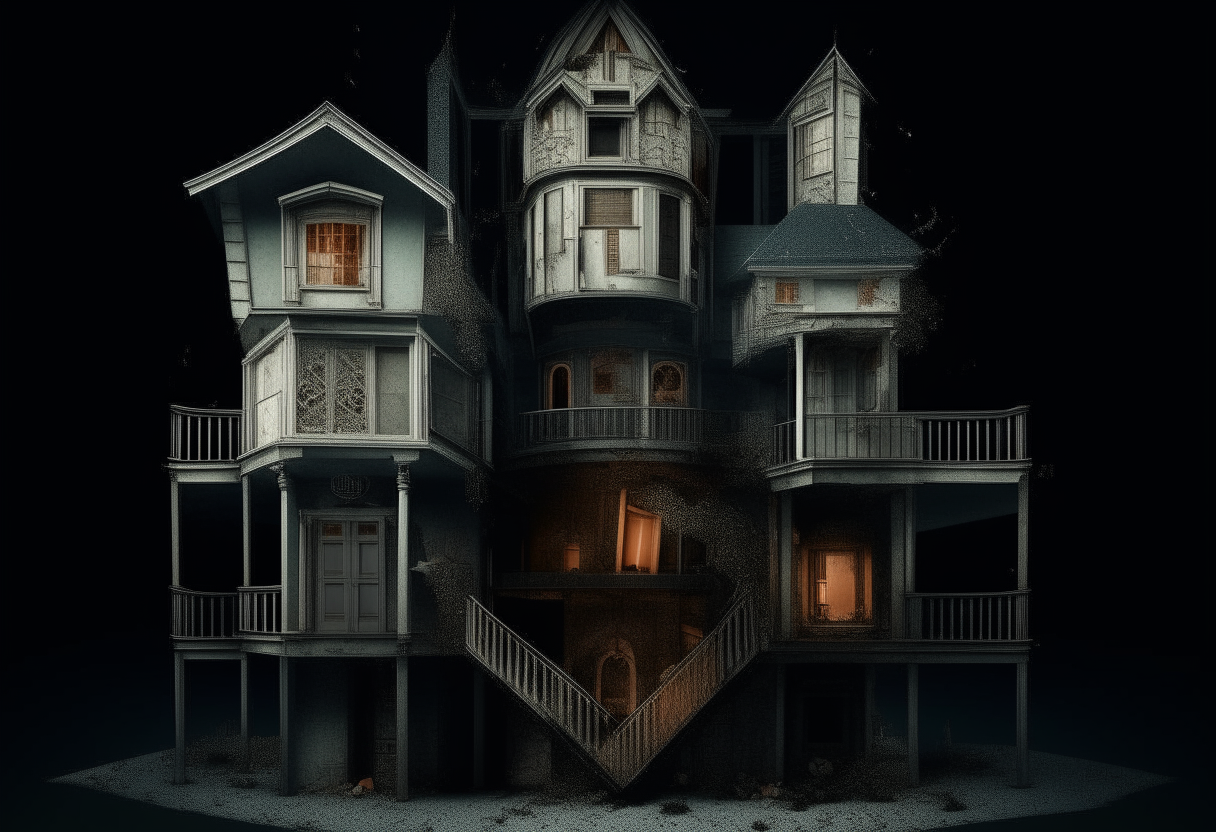 An ominous dollhouse with rooms that warp into impossible shapes, surreal proportions that create unease, digital art