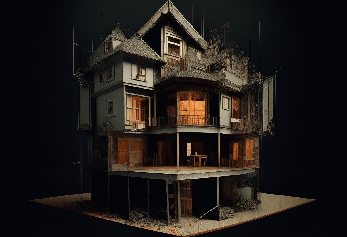 An ominous dollhouse where rooms warp into impossible shapes, creating unease, digital art