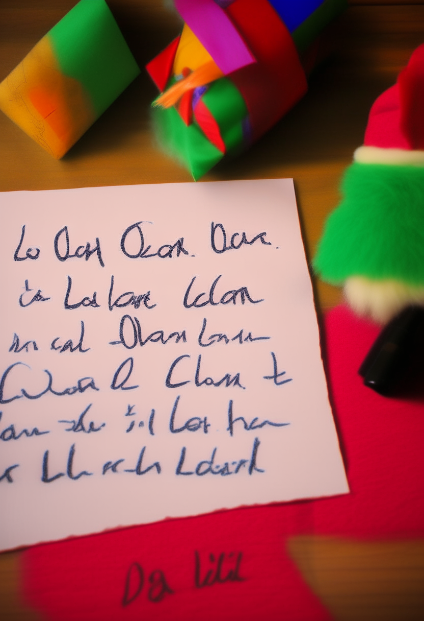 A handwritten letter to Santa on colorful construction paper. The letter reads 'Dear Santa, For Christmas this year I would like [blank space] and [blank space]. Love, [name]'