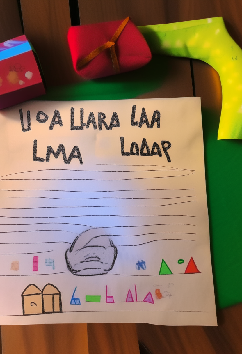 A handwritten letter to Santa on colorful construction paper. The letter reads: 

Dear Santa,

My name is Lucas and I am 3 years old. For Christmas this year I would like a toy train and blocks. 

My name is Mario and I am 6 years old. For Christmas this year I would like a soccer ball and books.

Love, 
Lucas and Mario