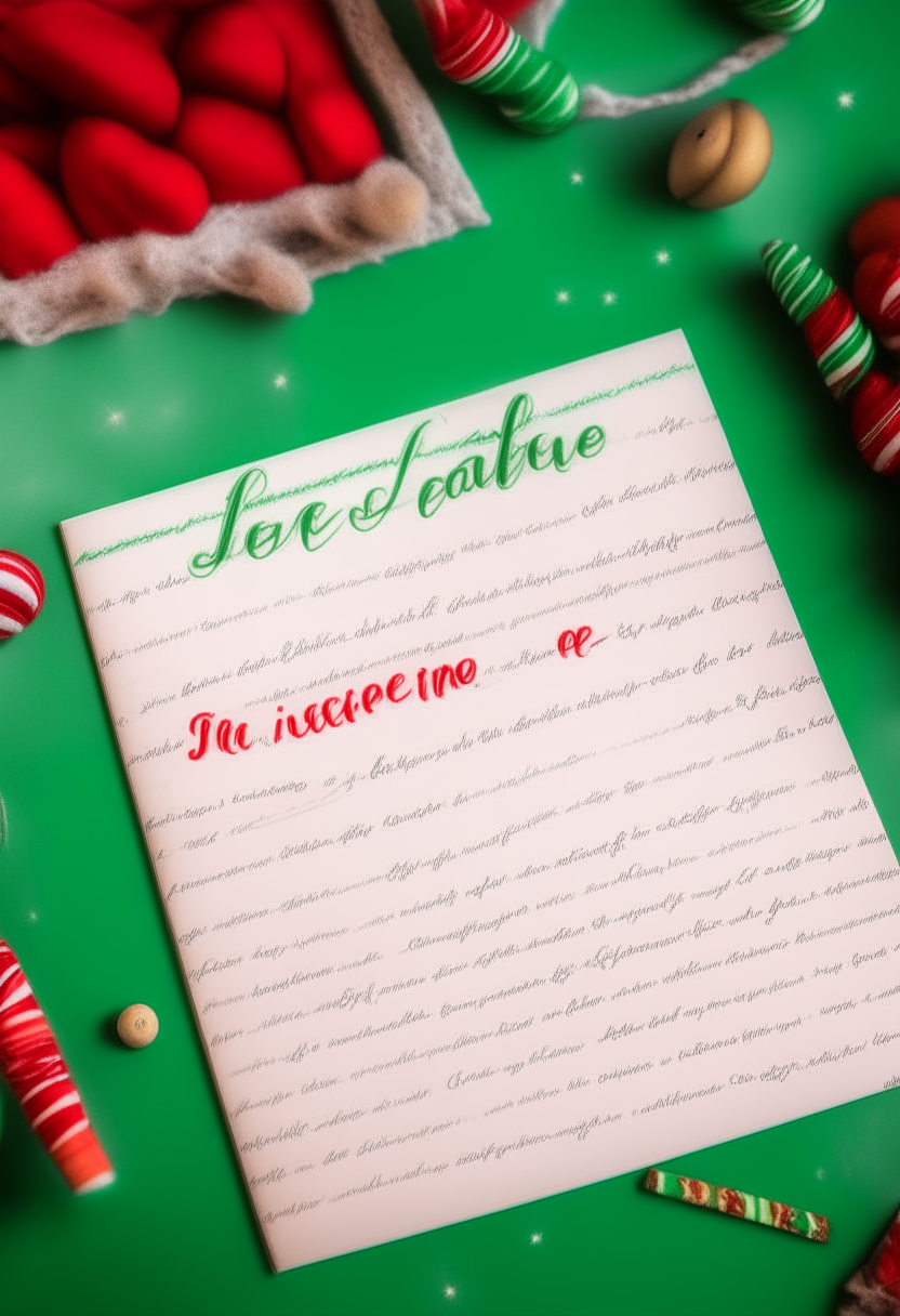 A printed letter to Santa on red and green paper with candy cane borders. The text is the same handwritten letter from before.