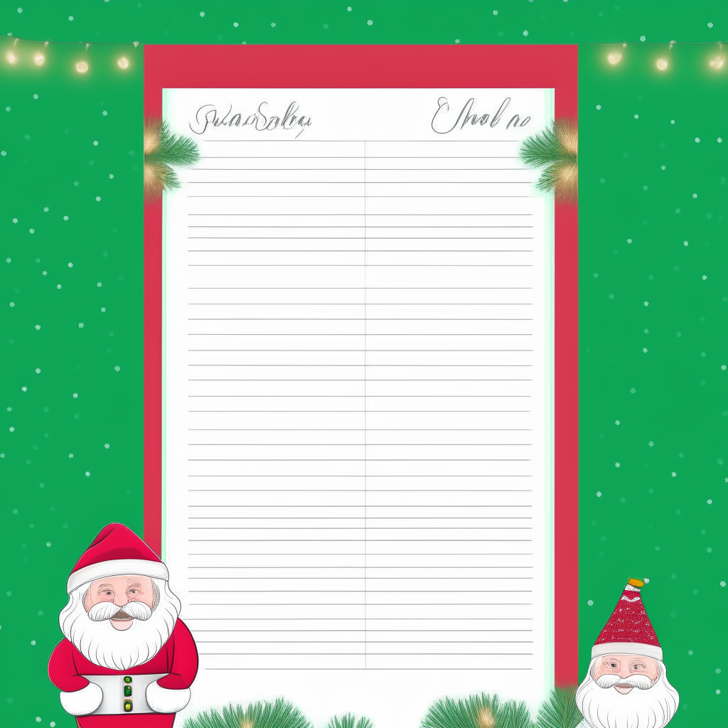 A Christmas themed letter template with an illustrated border, image of Santa at the top and a name/age header above blank lines to write wishes