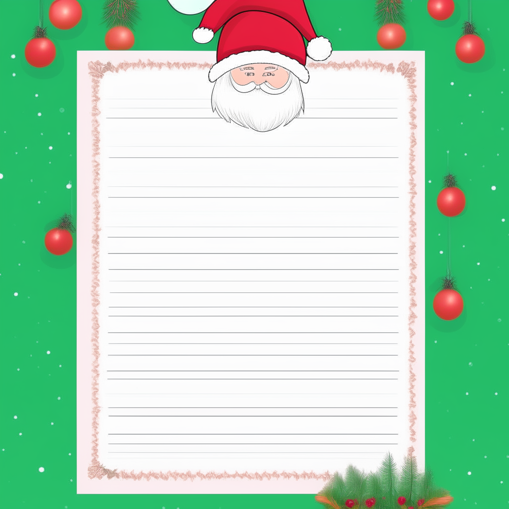 A Christmas themed letter template with an illustrated border, image of Santa at the top and a name/age header above blank lines to write wishes