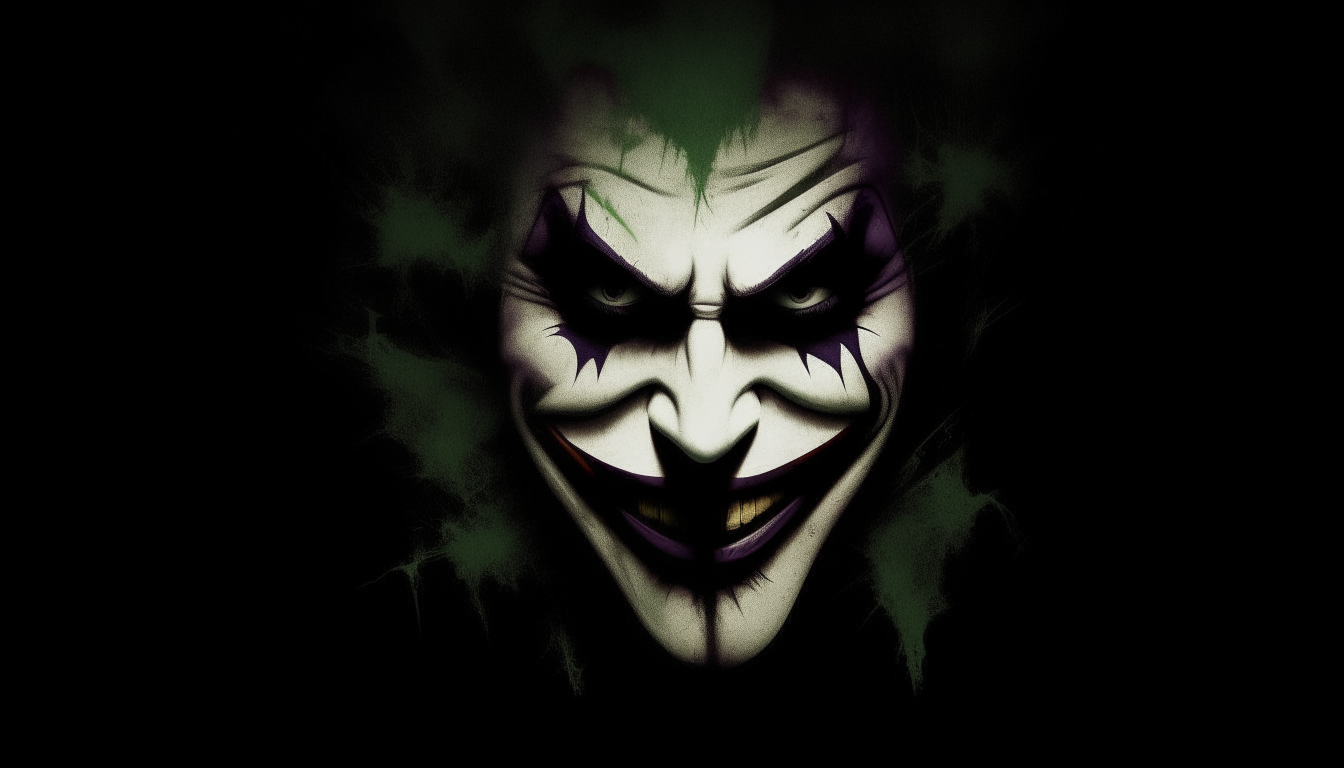 Joker's Deception logo with the Joker's face partly obscured by shadows and only his smile being visible, in the style of a gritty crime movie poster