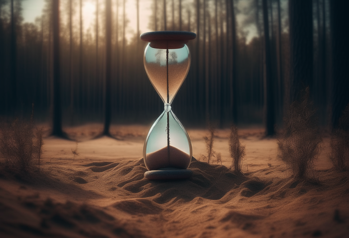 An hourglass in the middle of a burning forest, the sand slowly falls until the clock empties