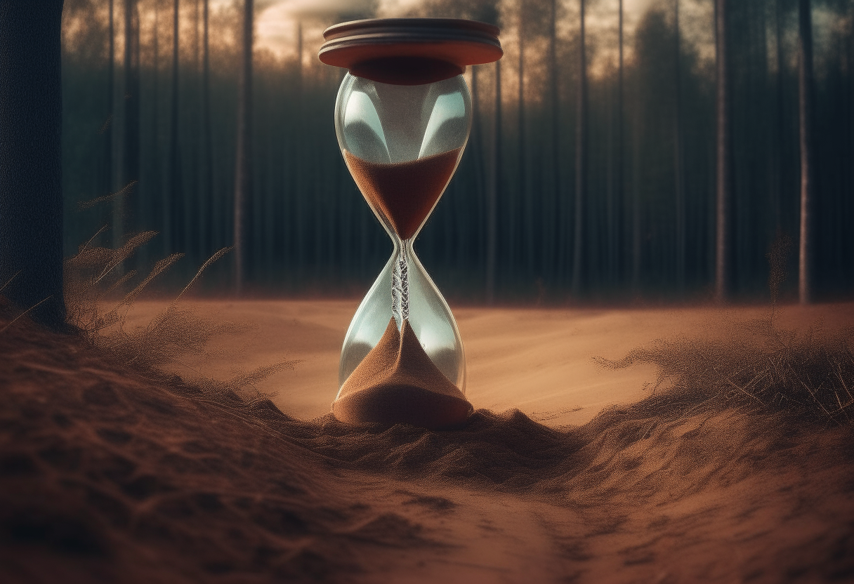 An hourglass in the middle of a burning forest, the sand slowly falls until the clock empties