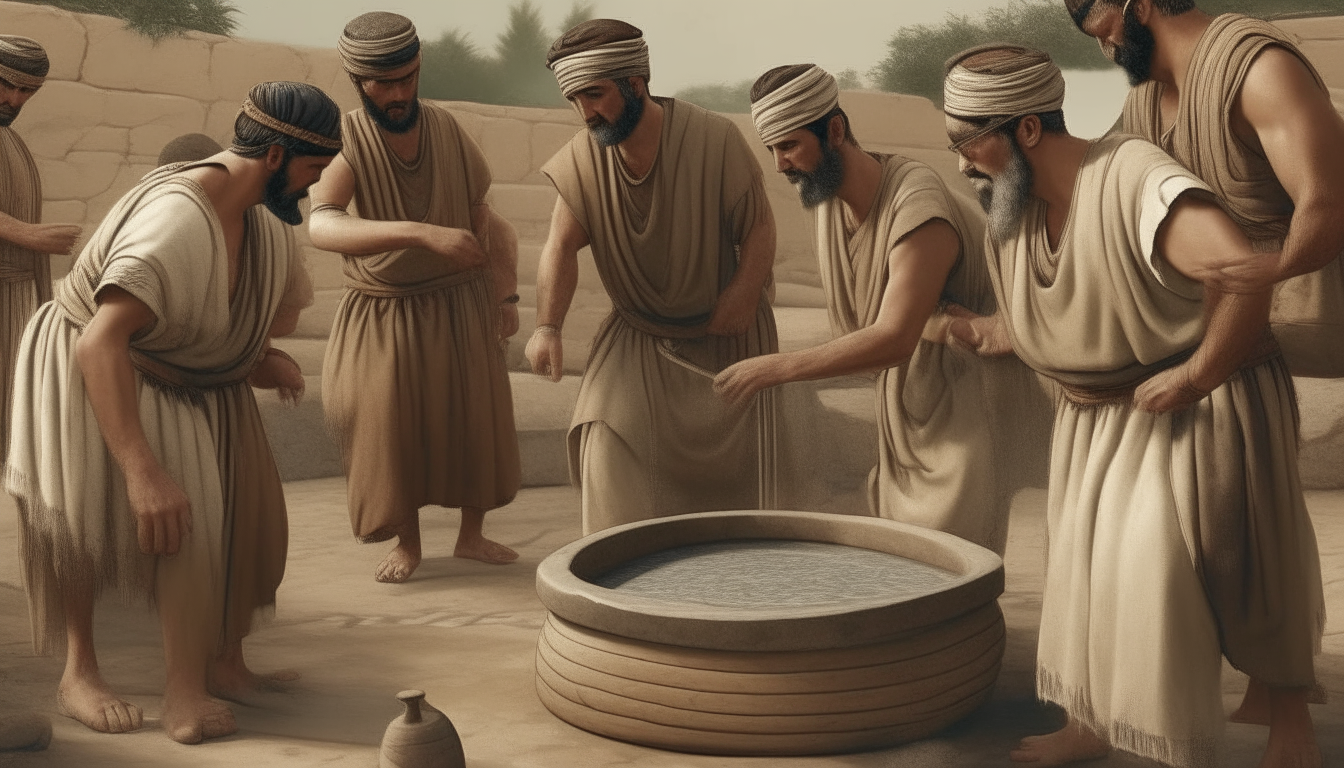 a group of ancient roman farmers pushing a turning grinding stone to make olive oil, cinematic, higly detailed, men dressed up in tunics