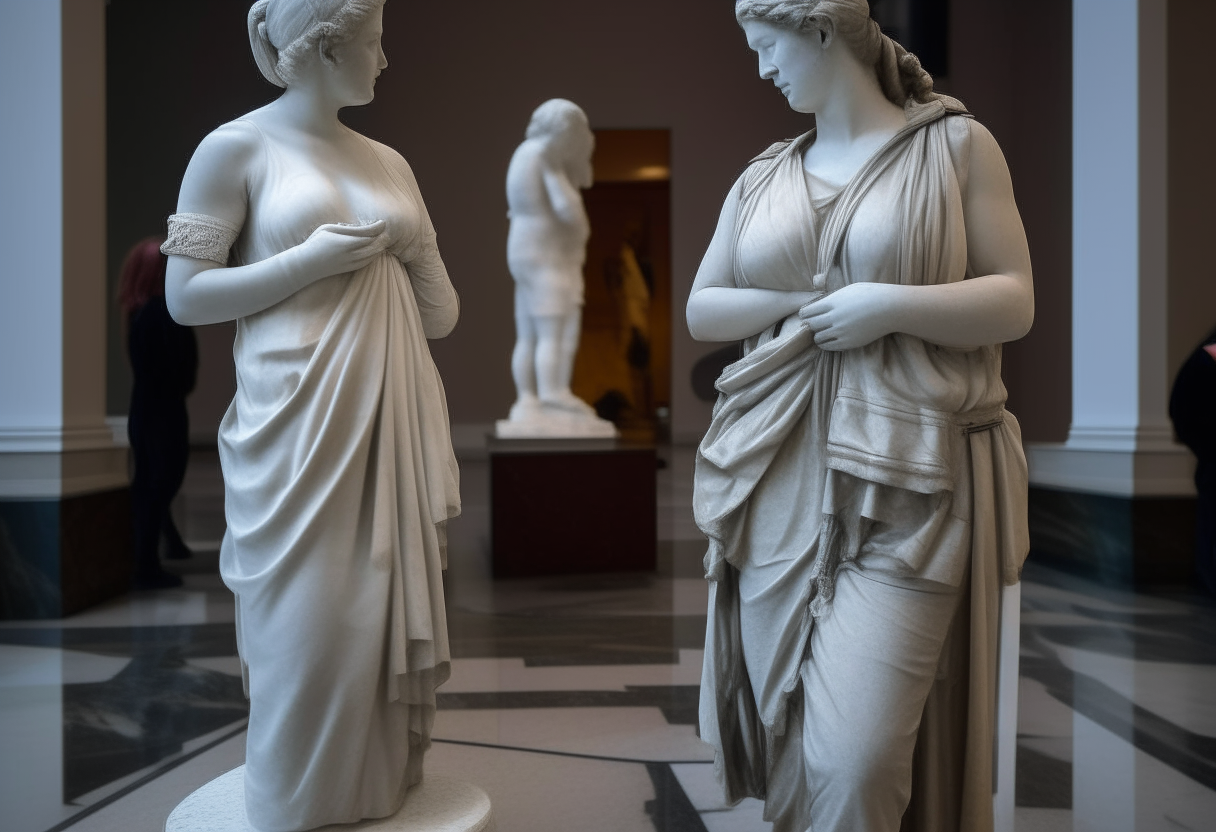 a pair of women standing next to a marble statue in a museum