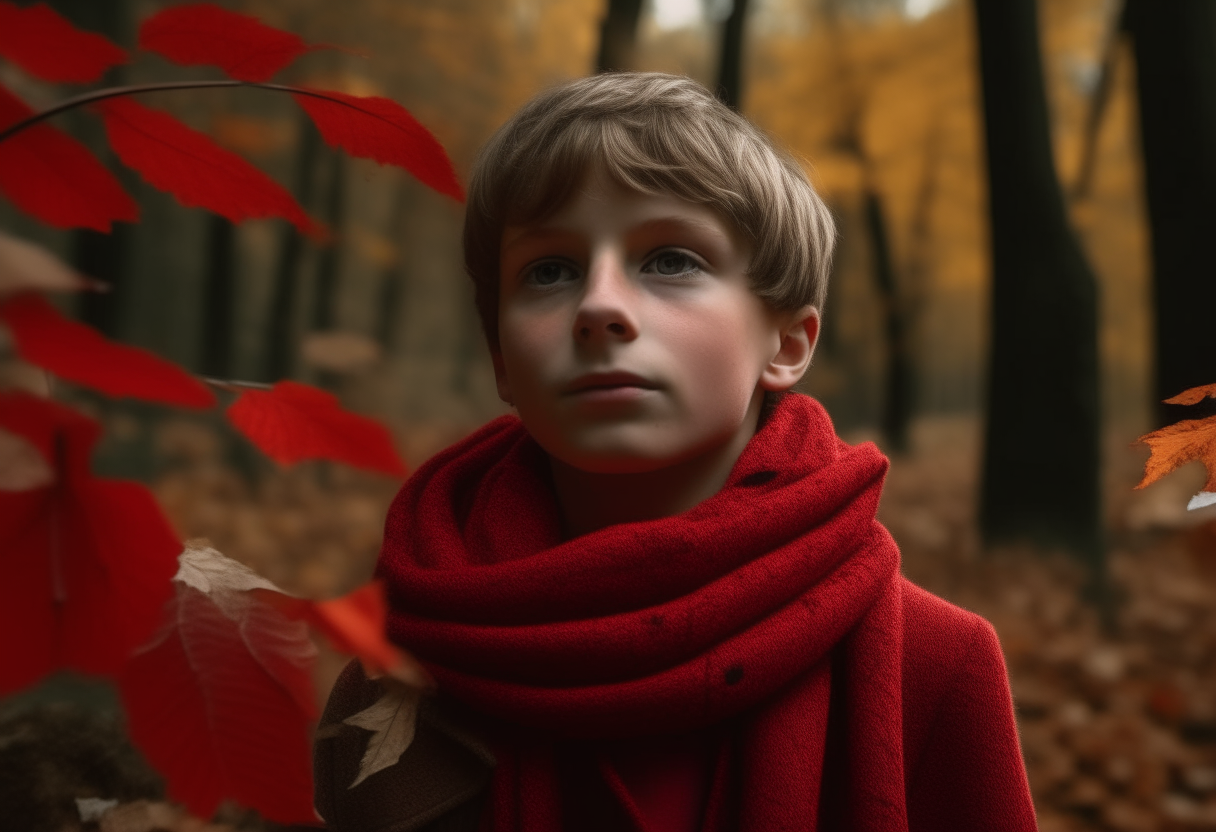 A boy wearing a red scarf, named Tim Walkling In a forest, red leaves falling off the trees.