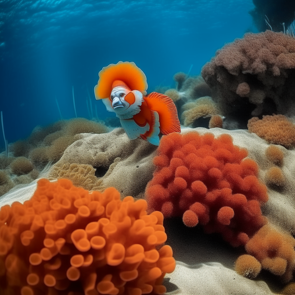 un pez payaso nadando entre corales anaranjados en el mar