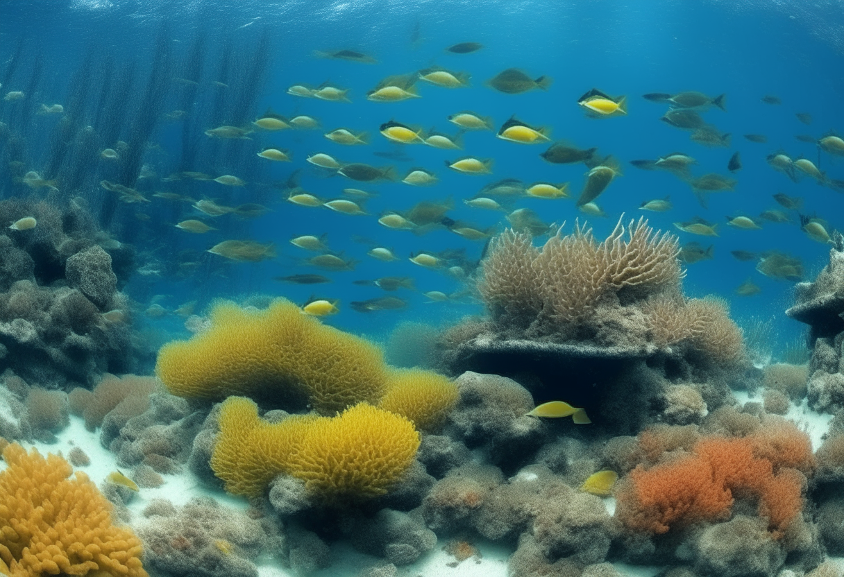 Una vista submarina con peces nadando entre corales