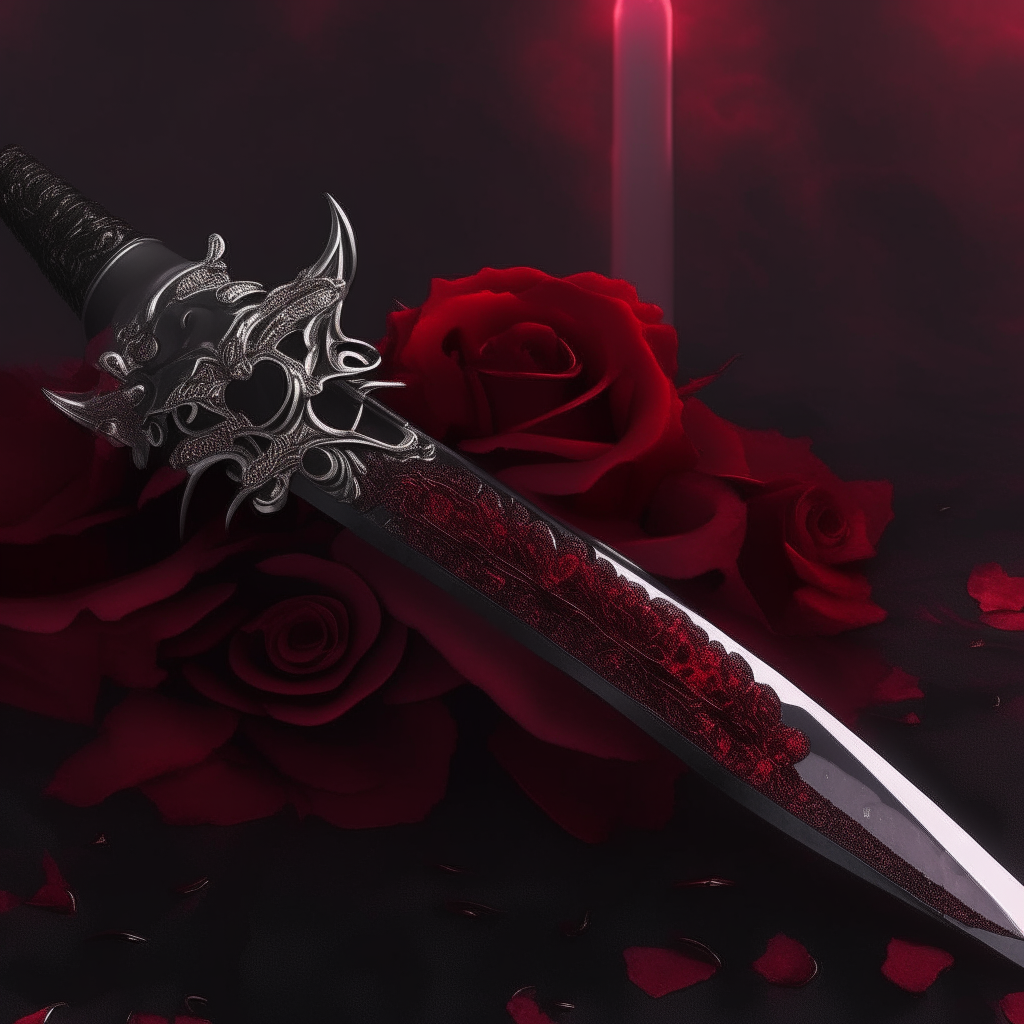 A dark red-burgundy longsword with jagged serrated edges lying on a bed of black rose petals, the hilt wrapped in thorny vines with a glowing cut ruby set in the pommel, surrounded by a wispy red mist.