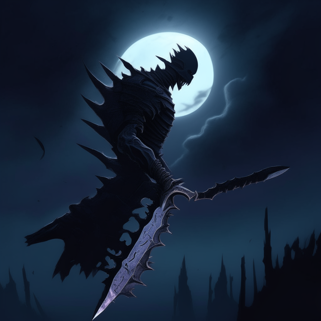 A jagged dark void of a blade ripples against a night sky, the hilt a thorn-wrapped human spine with finger-bone guard caught in an unholy glow.